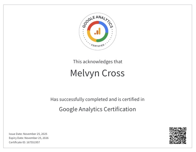 Google Analytics Certification — Melvyn Cross