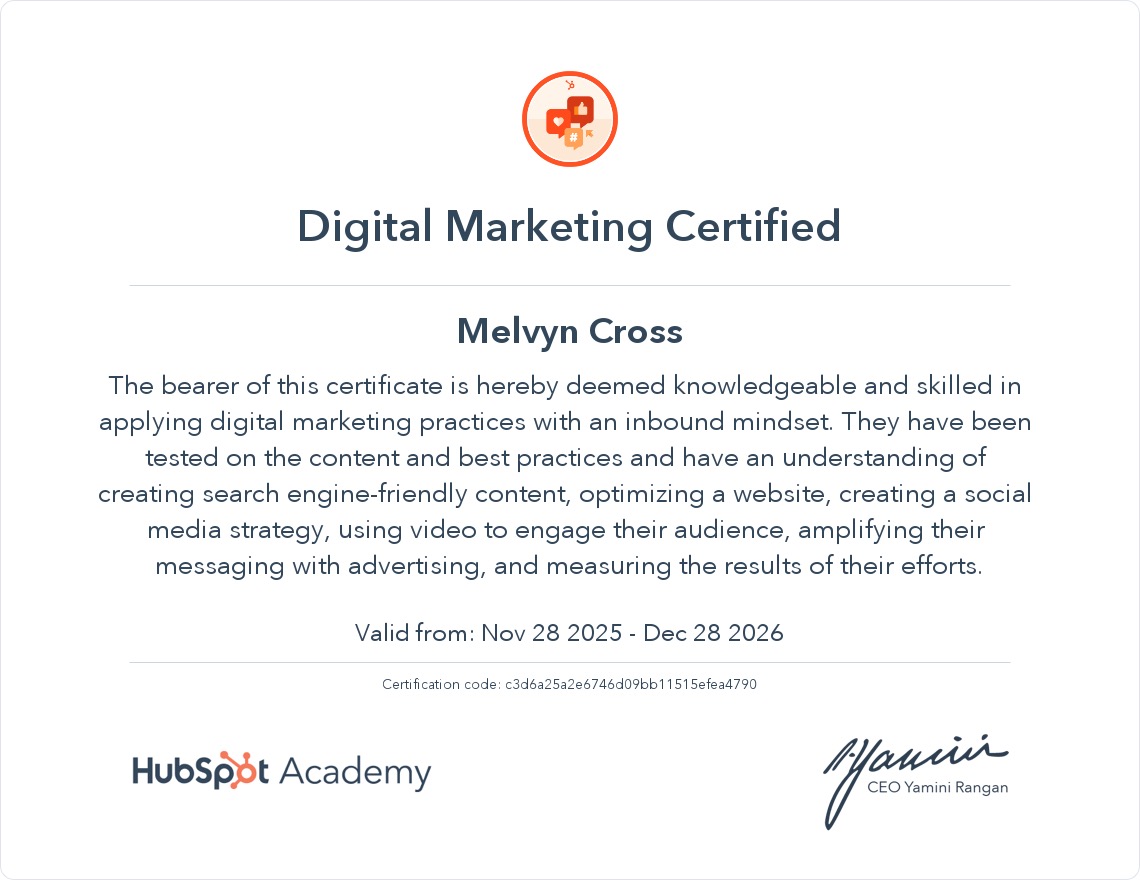 HubSpot Digital Marketing Certified — Melvyn Cross